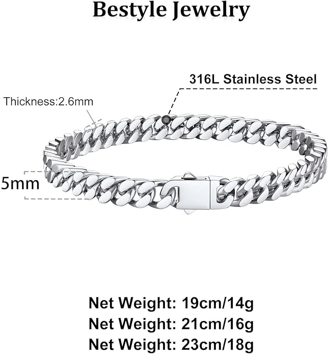 Bestyle Thick Mens Cuban Link Chain Bracelets, Durable Real 18K Gold/Black Metal Plated Solid Stainless Steel Hand Chain Cuban Bracelets for Men, Silver Black Gold Bracelets for Father Husband