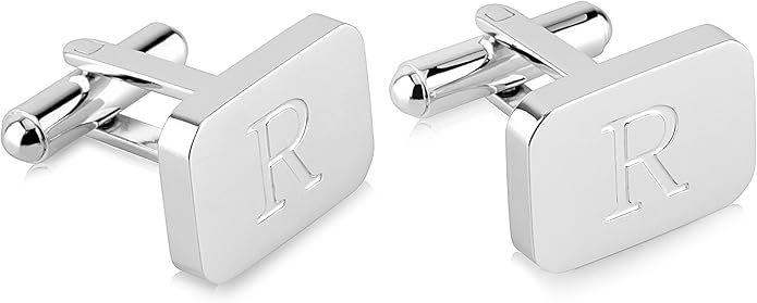 18K White-Gold Plated Initial Engraved Stainless Steel Men’s Cufflinks With Gift Box -Personalized Alphabet Letter’s A-Z By Lux & Pair