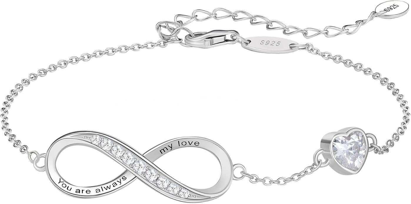 NORBU S925 Infinity Bracelets for Women, Sterling Silver Womens Infinity Heart Birthstone Link Charm Bracelet, Jewelry Gifts for Her Christmas Birthday Valentine Mother's Day
