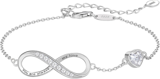 NORBU S925 Infinity Bracelets for Women, Sterling Silver Womens Infinity Heart Birthstone Link Charm Bracelet, Jewelry Gifts for Her Christmas Birthday Valentine Mother's Day