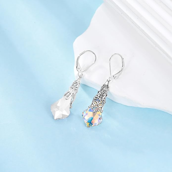 Austrian Crystal Dangle Drop Leverback Earrings for Women 925 Sterling Silver Vintage Oxidized Butterfly Filigree Hypoallergenic Jewelry