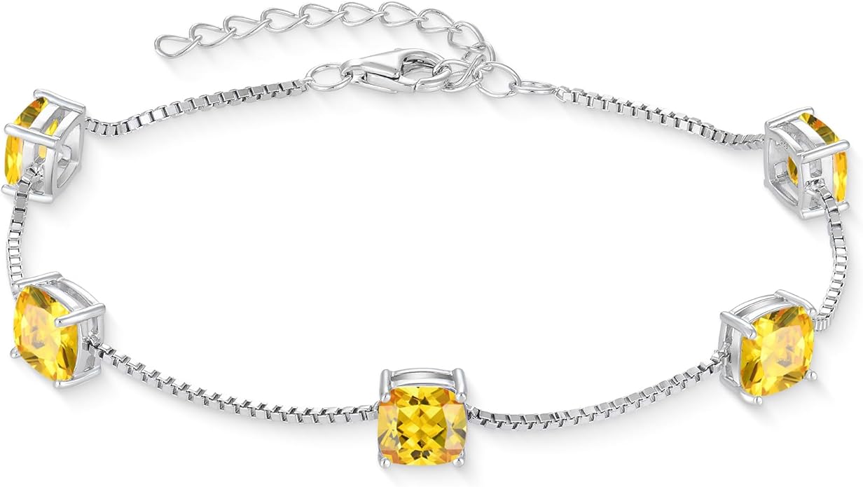 Birthstone Bracelet for Women 925 Sterling Silver Dainty Princess Cut Link Bracelet Jewelry Gifts for Her