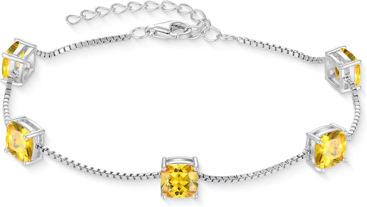 Birthstone Bracelet for Women 925 Sterling Silver Dainty Princess Cut Link Bracelet Jewelry Gifts for Her