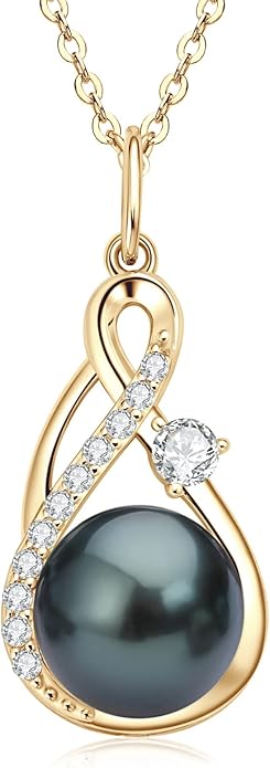 DENGGUANG Tahitian Black Pearl Necklace for Women Genuine 9-10mm Round Tahitian Cultured Pearls Pendant 18K Gold Plated 925 Sterling Silver - Jewelry Gifts for Mom Wife Daughter