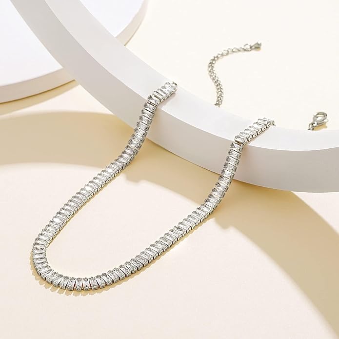 KissYan Diamond Tennis Necklace for Women, 14K/White Gold Plated Cubic Zirconia Baguette Tennis Chain Chunky Paperclip Link Cuban Choker Necklace Dainty Jewelry Gifts