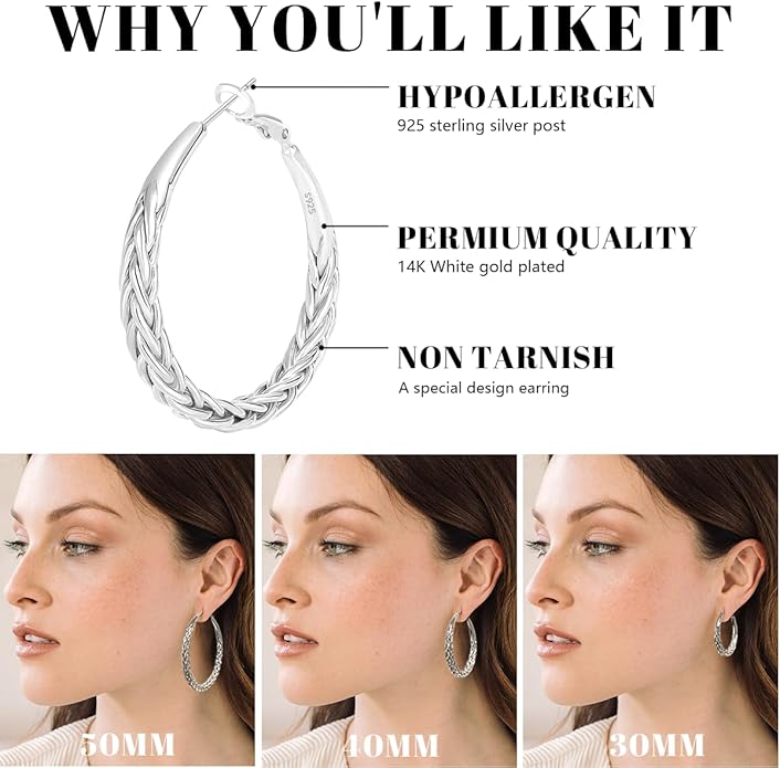 Silver Hoop Earrings for Women Trendy Hypoallergenic 925 Sterling Silver Post Hoop Earrings Lightweight Thick Twisted Large Silver Hoop Earrings 30/40/50MM