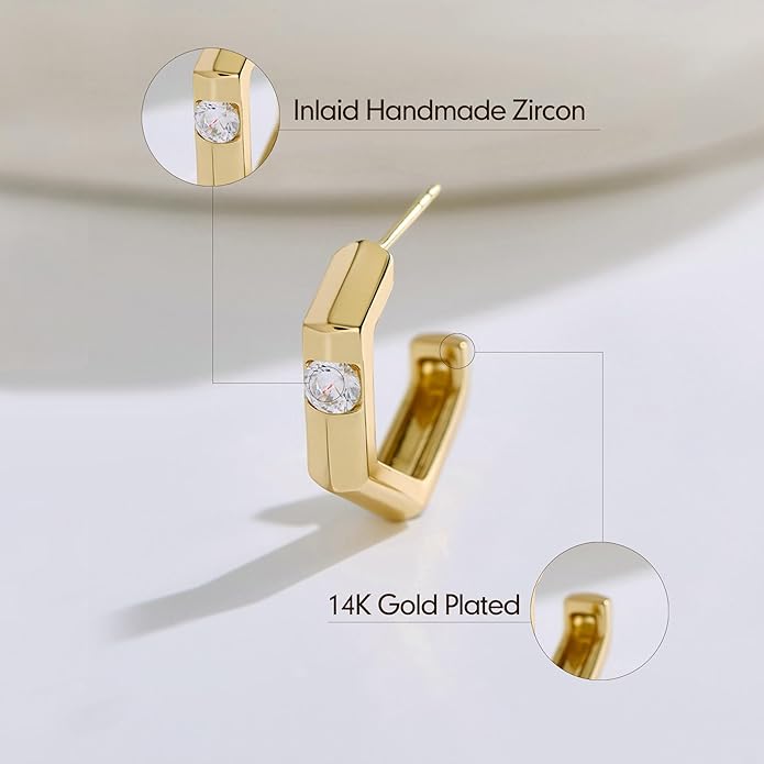14K Gold & Rose Gold Hoop Earrings for Women, Chunky Huggie Half Hoops Earrings, Hypoallergenic Non Tarnish Cubic Zirconia Trendy Minimalist Everyday Jewelry Gift