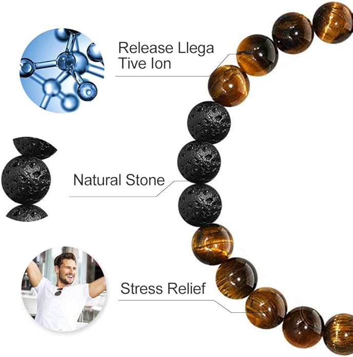 M MOOHAM Natural Stone Bracelets for Men - 8mm Tiger Eye, Matte Agate, Lava Rock - Teen Boys Gifts for Birthday, Anniversary, Christmas