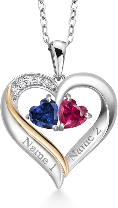 2-Heart Couple Name Engraved Pendant Necklace For Women | 925 Sterling Silver and 10K Yellow Gold | Customized and Personalized | Gemstone Birthstone and Lab Grown Diamond | 18 Inch Silver Chain