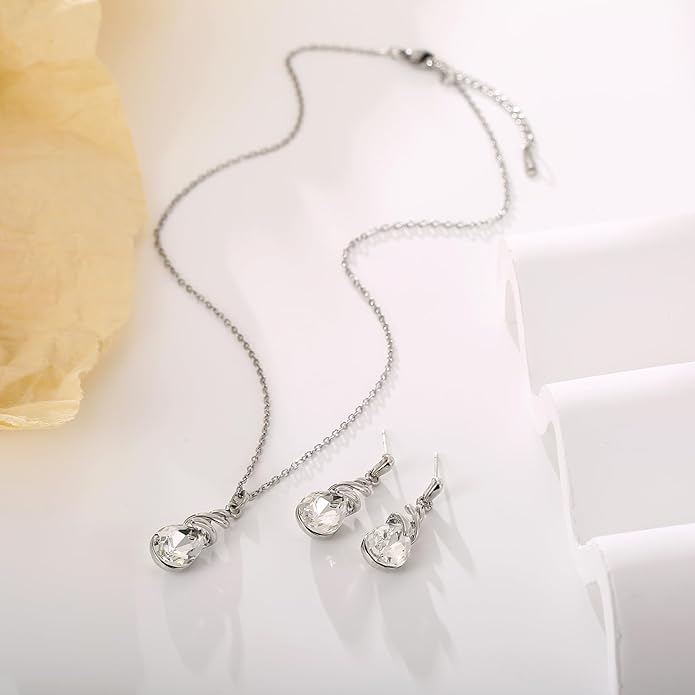 RUOFFETA Teardrop Crystal Jewelry Set, Birthstone Pendant Necklace Drop Dangle Earrings for Women