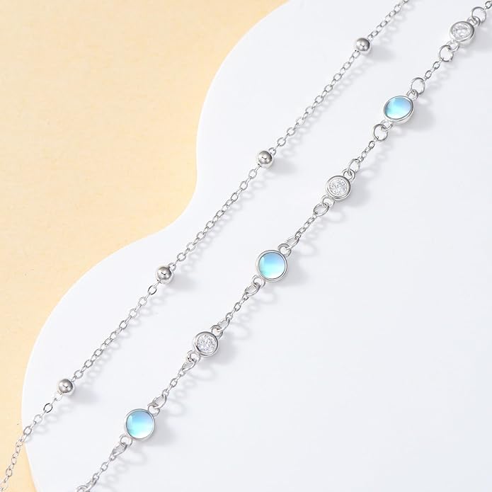 Anklets for Women 925 Sterling Silver Natural Stone Layered Anklet Beach Summer Fine Jewelry Birthday Christmas Gifts for Women Her Mom