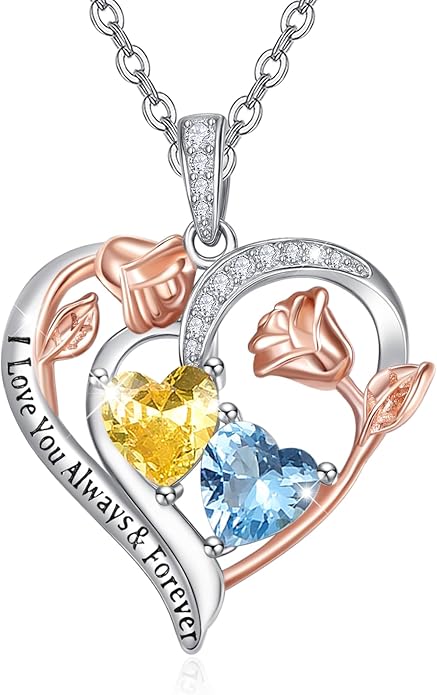 Zeuslia Double Birthstone Necklace Gifts for Wife - 925 Sterling Silver Sunflower/Rose/Crown Cross/Compass/Heart Pendant I Love You Necklace, Anniversary Birthday Gifts for Wife Girlfriend Mom Her