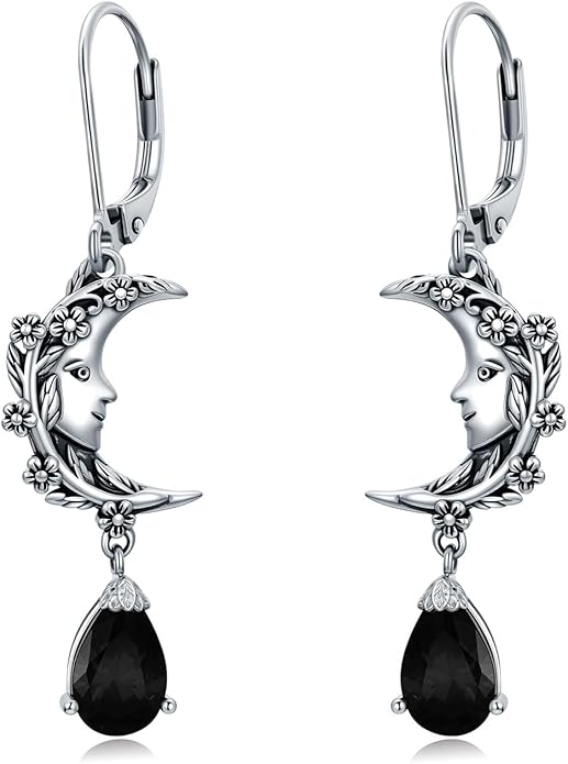 925 Sterling Silver Vintage Retro Oxidized Moon Crescent Dangle Drop Leverback Earrings with 12 Months Birthstone Jewelry Gifts for Women Her