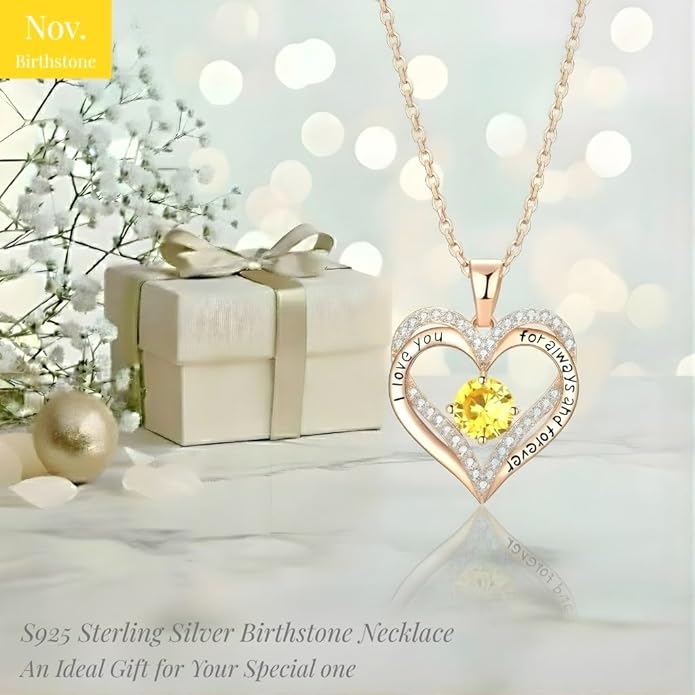 Birthstone Heart Necklace for Women Wife Girlfriend Mom Daughter Gifts S925 Silver Jewelry For Anniversary Rose Gold Gifts For Birthday Christmas Mothers Valentines Day