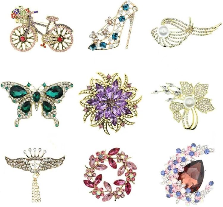Nyx&lvy Vintage Crystal Flower Brooch Set, 3 Pieces, Purple Pink Green Rhinestones, Gold Tone Floral Pins for Wedding and Evening Wear Christmas gift