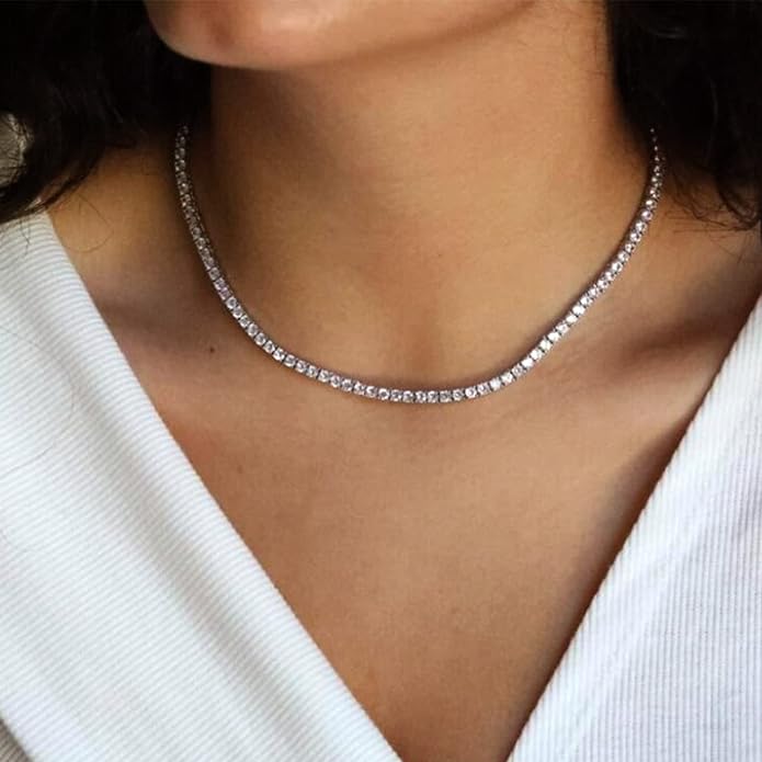 Tennis Necklace Bracelet for Women, Sterling Sliver, Dainty Chocker Necklace, Crystal Bracelet for Women, Wedding Jewelry for Bride, Sparkly Party Prom Hypoallergenic