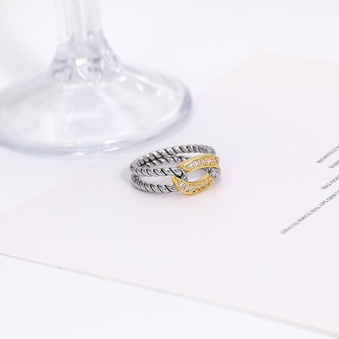 Two-Tone Wide Statement Ring for Women - Gold Silver Crossover Band with Ribbed Texture - Modern Fashion Jewelry Cocktail Ring - Mixed Metal Layered Design