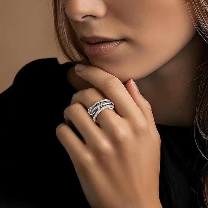 Emibele 14K Gold Plated Stackable Rings for Women, Interlocking Non Tarnish Gold Rings, Silver Dainty Cubic Zirconia Bands, Two-Toned Mixed Metal Stacking Band, Trendy Jewelry Gifts for Women