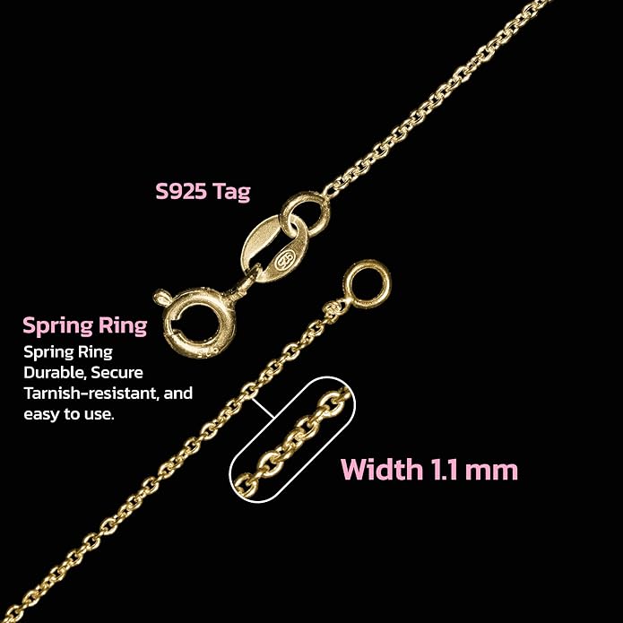 Thin Solid 925 Sterling Silver Chain Necklace 1.1mm, 14 16 18 20 22 24 Inch, Cable Chain, Anti-tarnish, Hypoallergenic, Includes Gift Box, Strong Dainty Chain for Women, Made in Thailand