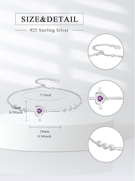 Cross Birthstone Charm Link Bracelet 925 Sterling Silver Cross Bracelet with 12 Months Birthstone Religious Christian Jewelry Gifts for Women Mom Her,Chain Length 7"+2" Extend