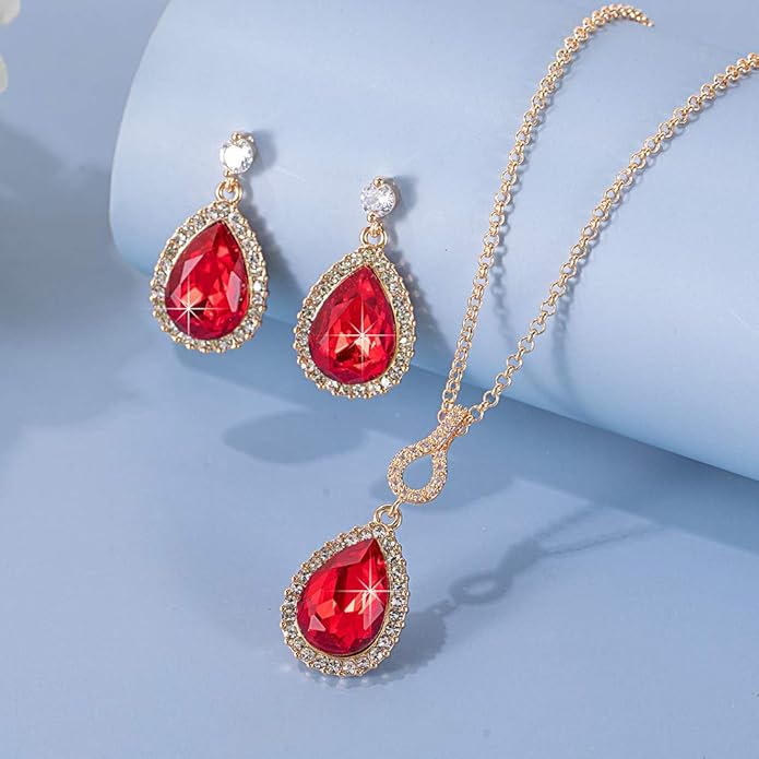 Austrian Crystals Teardrop Pendant Necklace Earrings for Women 14K Gold Plated Hypoallergenic Jewelry Set
