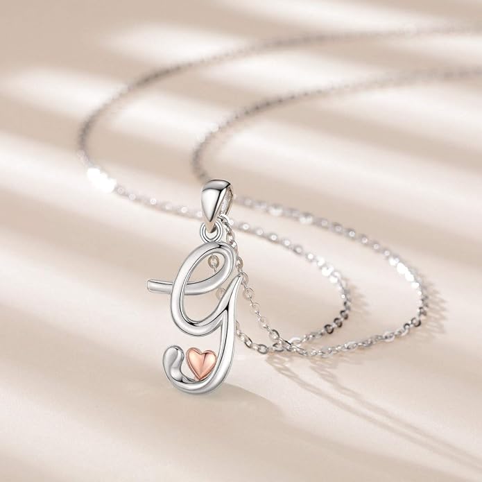 CELESTIA 925 Sterling Silver Initial Necklaces 26 Letter with Rose Gold Heart - 18 Inch Chain