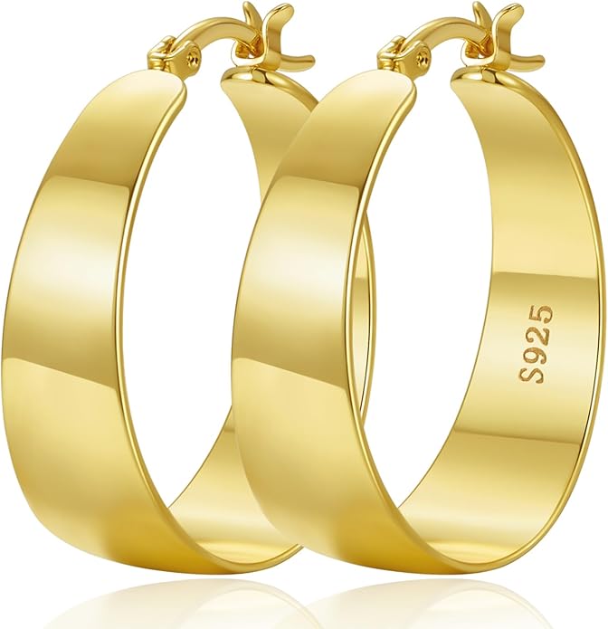 10MM Wide Thick Gold Hoop Earrings for Women Hypoallergenic 925 Sterling Silver Large Hoop Lightweight Chunky Hoops Earring for Women Jewelry Gifts