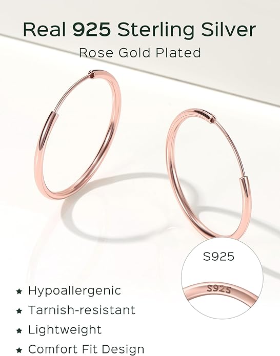 ChicSilver Hypoallergenic 925 Sterling Silver Hoop Earrings for Women, Lightweight Large Gold Plated Hoop Earrings, Endless Hoops Earring 20/30/40/50/60/70MM