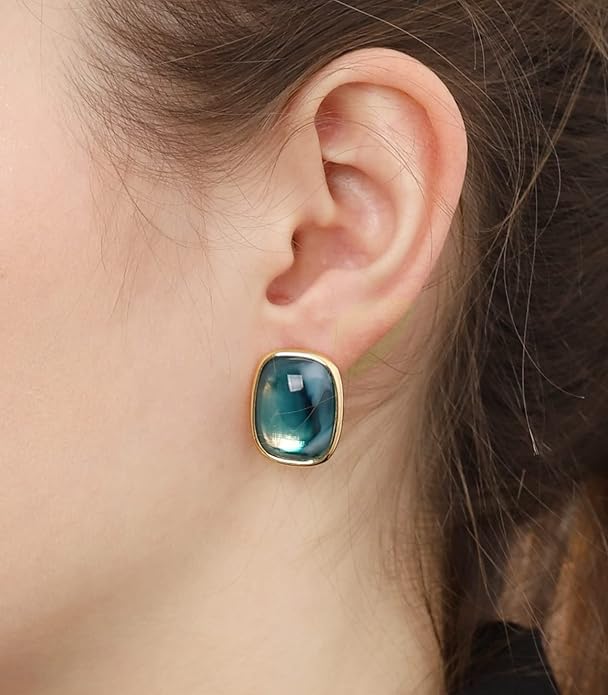 M.DUN- Round Edges Rectangle Shape Studs Earring. Abalone Amber Turquoise Resin Stone Design, 18k Real Gold Plated Bezel, Hypoallergenic Gorgeous Gift for Women
