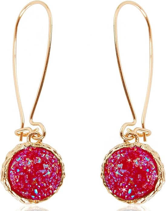 Simulated Druzy Threader Drop Earrings for Women - Gold, Silver, or Rose Gold Tone Trendy Boho Dangles with Sparkly Round Stone