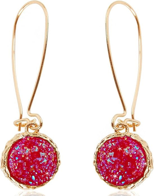Simulated Druzy Threader Drop Earrings for Women - Gold, Silver, or Rose Gold Tone Trendy Boho Dangles with Sparkly Round Stone