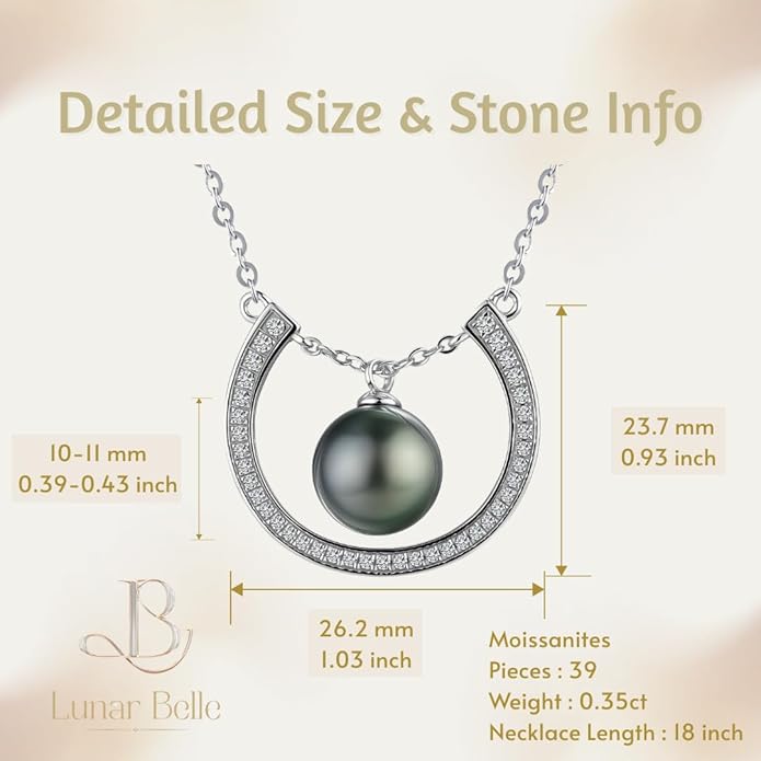 Lunar Belle Tahitian Black Pearl Necklace Pendant, Moissanite in 925 Sterling Silver, Luxury Jewelry Gift for Women Mother Christmas Anniversary (Ocean Halo)
