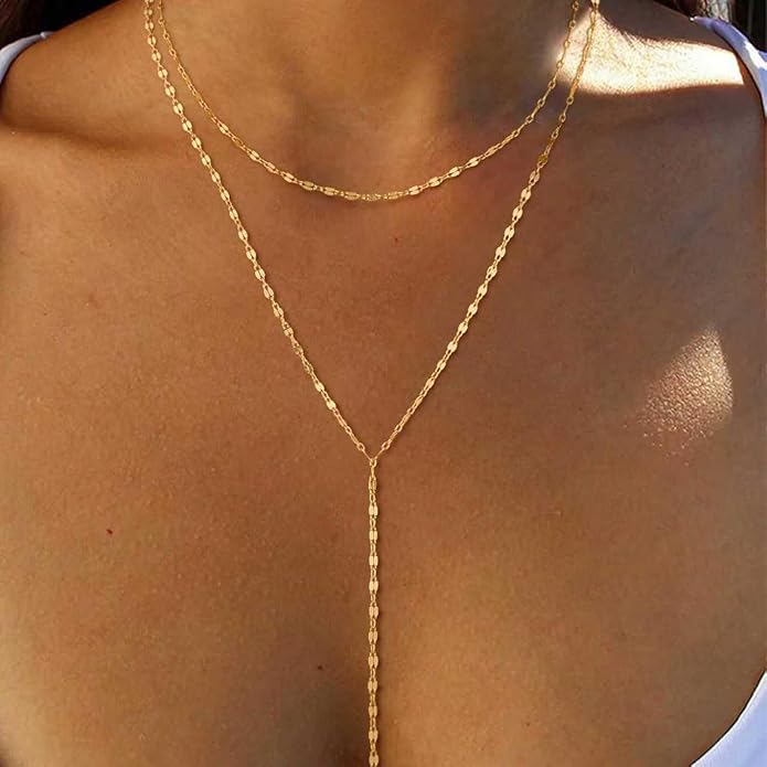 Lariat Necklace for Women, Dainty Long Necklaces, 14k Gold/Silver Plated Y-Shaped Drop Chain Necklace, Simple Layered Necklaces, Trendy Jewelry Gifts for Her