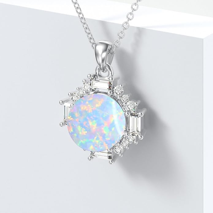 Vintage Opal Necklaces for Women Platinum Plated Silver White Opal Pendant October Birthstone Jewelry, 18''-20''