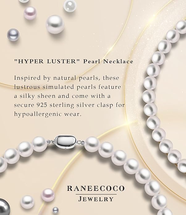 Raneecoco HYPER LUSTER Sterling Silver Round Simulated Pearl Necklace for Women | Dainty Choker or Long Pearl Necklace | Gift Ready for Wedding