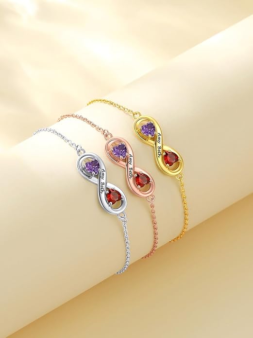 Custom4U Personalized Infinity Love Symbol Link Bracelets for Women 925 Sterling Silver Birthstone Bracelet Adjustable Engraved Chain Christmas Mother's Day Birthday Jewelry Gifts for Mom Her