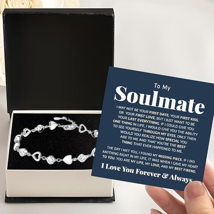 To My Soulmate Heart Bracelet Gift, Beautiful Soulmate Jewelry With Message Card and Box For Women, Romantic Anniversary, Birthday, Christmas or Valentine’s Day Gift