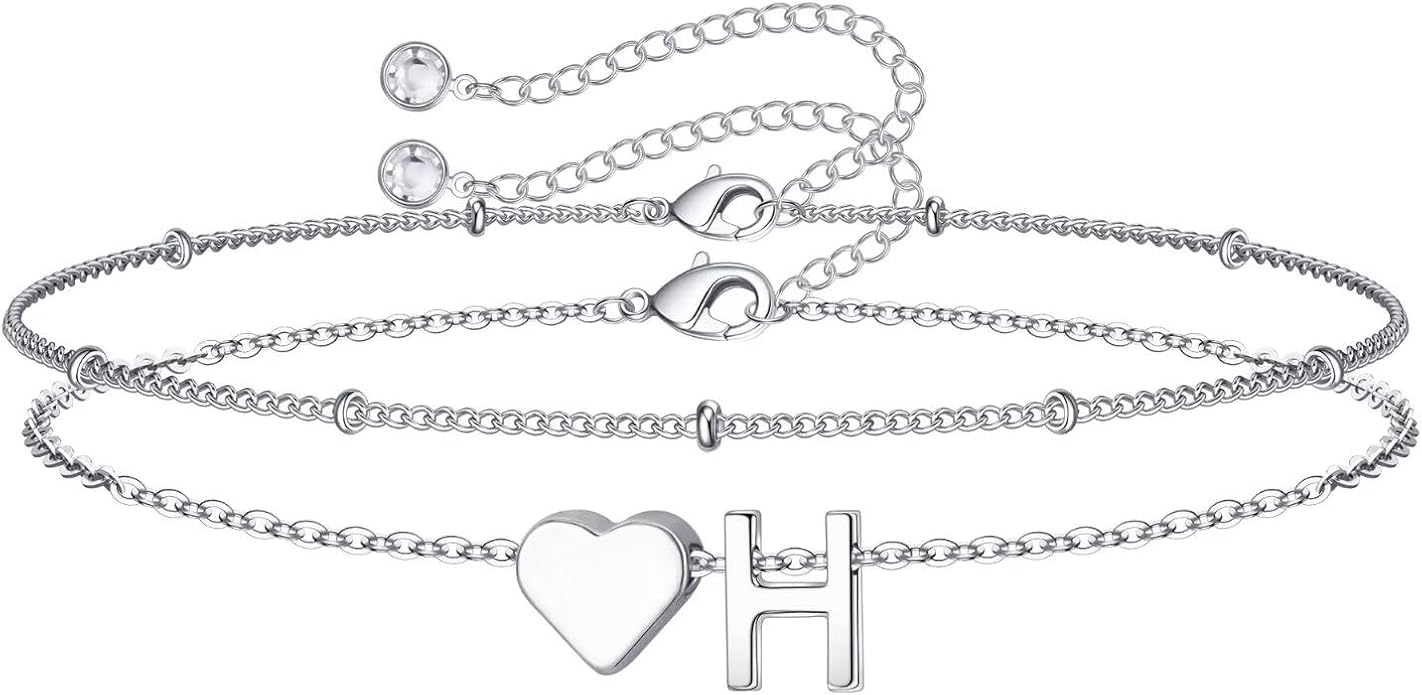 M MOOHAM Christmas Gifts for Grandkids Teens Girls -14K-Gold-Plated Heart Initial Bracelets for Women Girl Dainty Gold Bracelets Birthday Gift Stocking Stuffers for Women Teenage Girls Kids Gifts