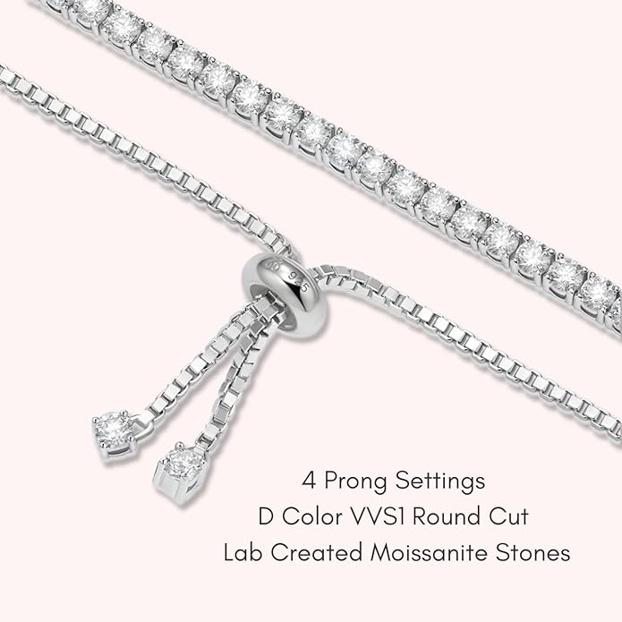 LOVE&LOVE Moissanite Tennis Bracelets for Women, 3mm & 4mm D Color VVS1 Round Cut｜925 Sterling Silver Adjustable Bracelet, Jewelry Gift Her Birthday Anniversary