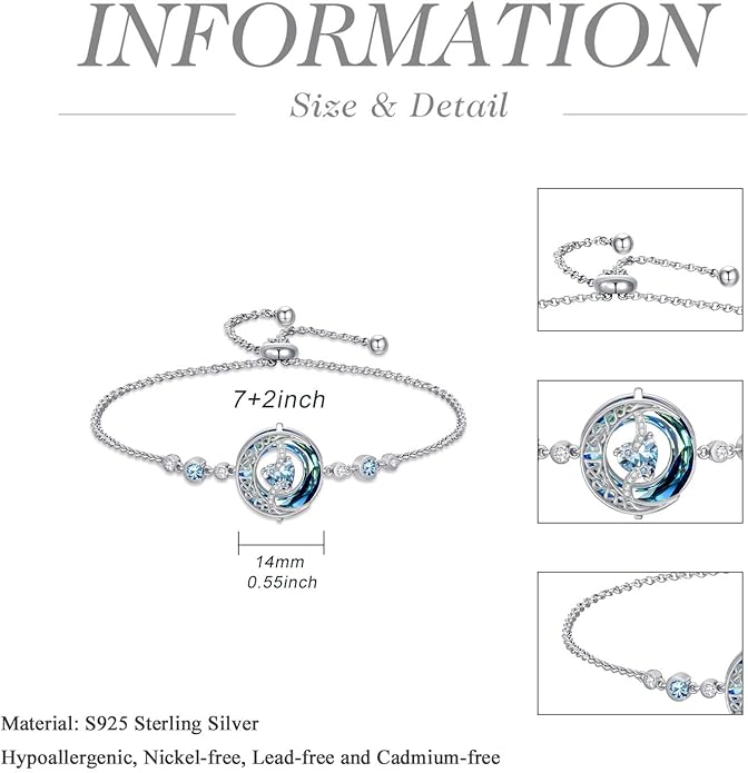 TOUPOP Birthstone Bracelet Moon and Star Bracelet 925 Sterling Silver Blue Crystal Jewelry Birthday Christmas Gifts for Women