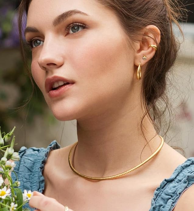 Aobei Pearl 18K Gold Plated Cuff Choker Necklace for Women Chunky Wire Chain Collar Jewelry