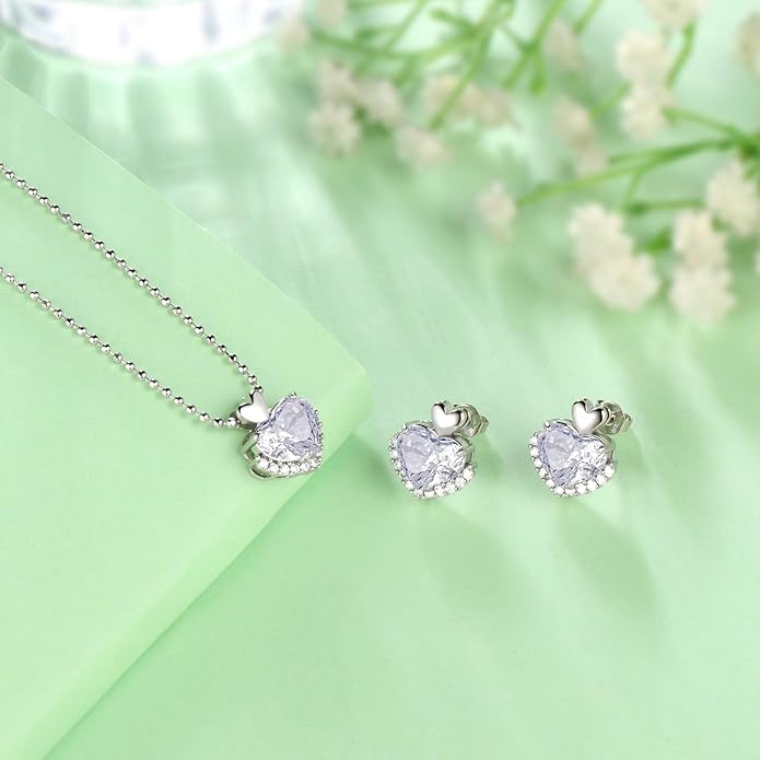 Ydou Love Heart Necklaces and Earrings with Rose Cut Birthstone Silver Plated Elegant Jewelry Set for Women CS0002