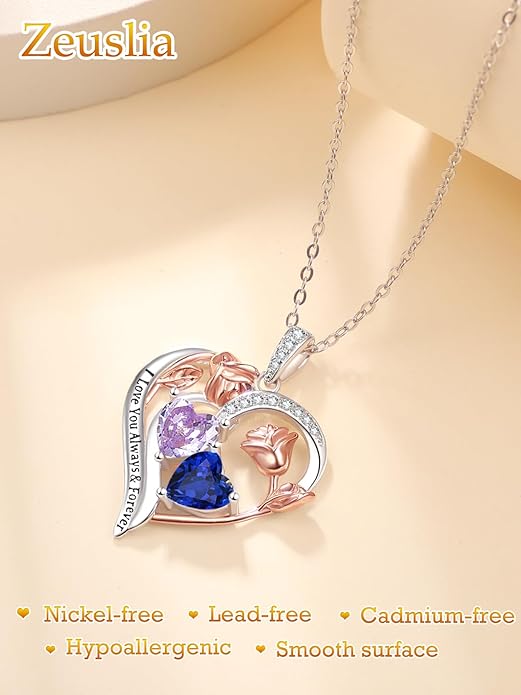 Zeuslia Double Birthstone Necklace Gifts for Wife - 925 Sterling Silver Sunflower/Rose/Crown Cross/Compass/Heart Pendant I Love You Necklace, Anniversary Birthday Gifts for Wife Girlfriend Mom Her
