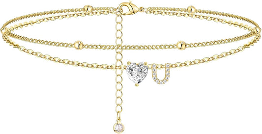 Ankle Bracelets for Women Waterproof 14K Gold Plated CZ Initial Anklet for Women Dainty Layered Letter Heart Ankle Bracelets Handmade Adjustable Foot Chain Anklet Summer Beach Jewelry