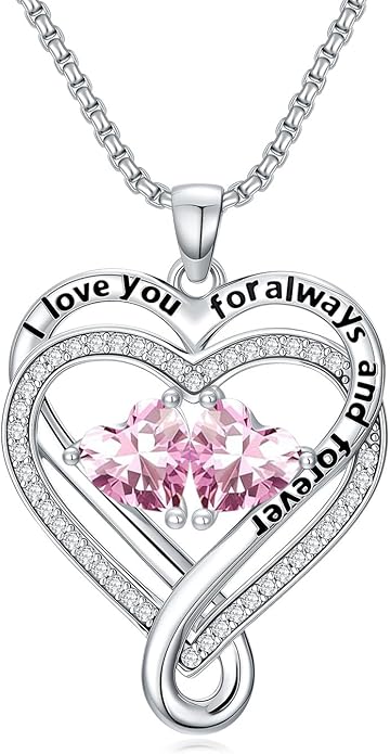 I Love You for Awlays and Forever Double Heart Necklace with Birthstone, 2 Birth Stone Jewelry Anniversary Valentines Mothers Day Christmas Birthday Gifts for Women Her Wife Girlfriend Mom Mother