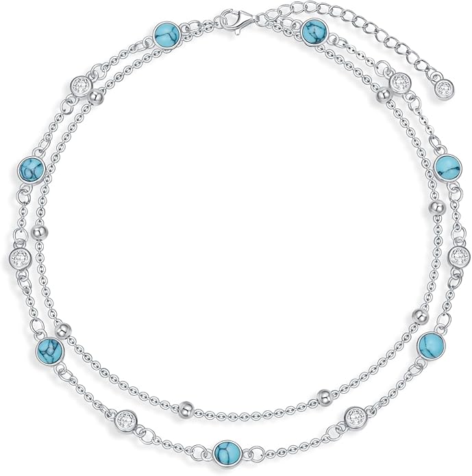 Anklets for Women 925 Sterling Silver Natural Stone Layered Anklet Beach Summer Fine Jewelry Birthday Christmas Gifts for Women Her Mom