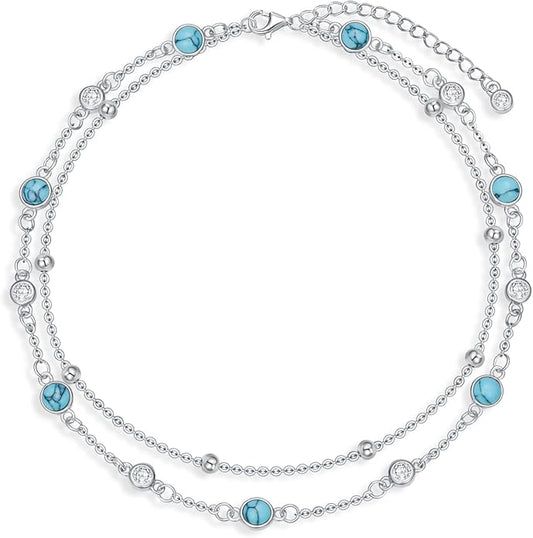 Anklets for Women 925 Sterling Silver Natural Stone Layered Anklet Beach Summer Fine Jewelry Birthday Christmas Gifts for Women Her Mom