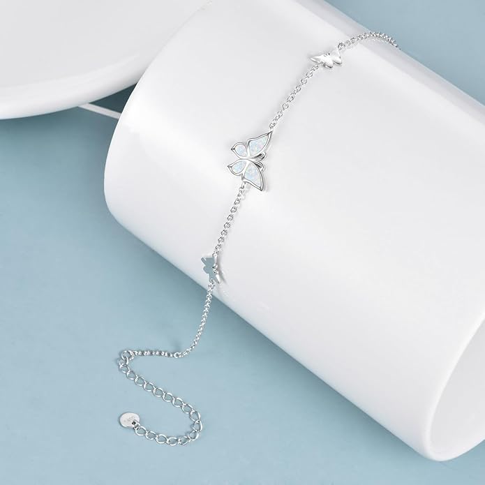 WINNICACA Sterling Silver Butterfly Bracelet Anklet Created Opal Butterfly Jewelry Gifts for Women Birthday Christmas Day Gifts