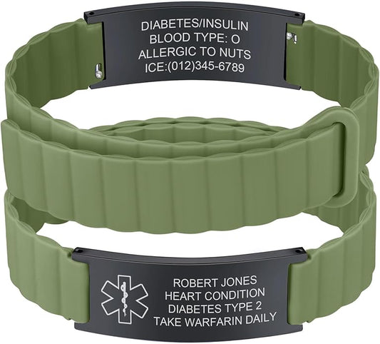 Comfortable Medical ID Bracelet for Men & Women - Custom Engraved Silicone Strap Comfort Fit Medical Alert Bracelets for Sports,Adjustable Waterproof Customizable Wristband for Diabetic