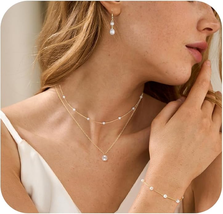 DIBOLA Gold Jewelry Set for Women, Dainty Layered 14K Gold/Silver Pearl Choker Necklaces and Earring Set Pearl Earrings Bracelets Wedding Bride Jewelry